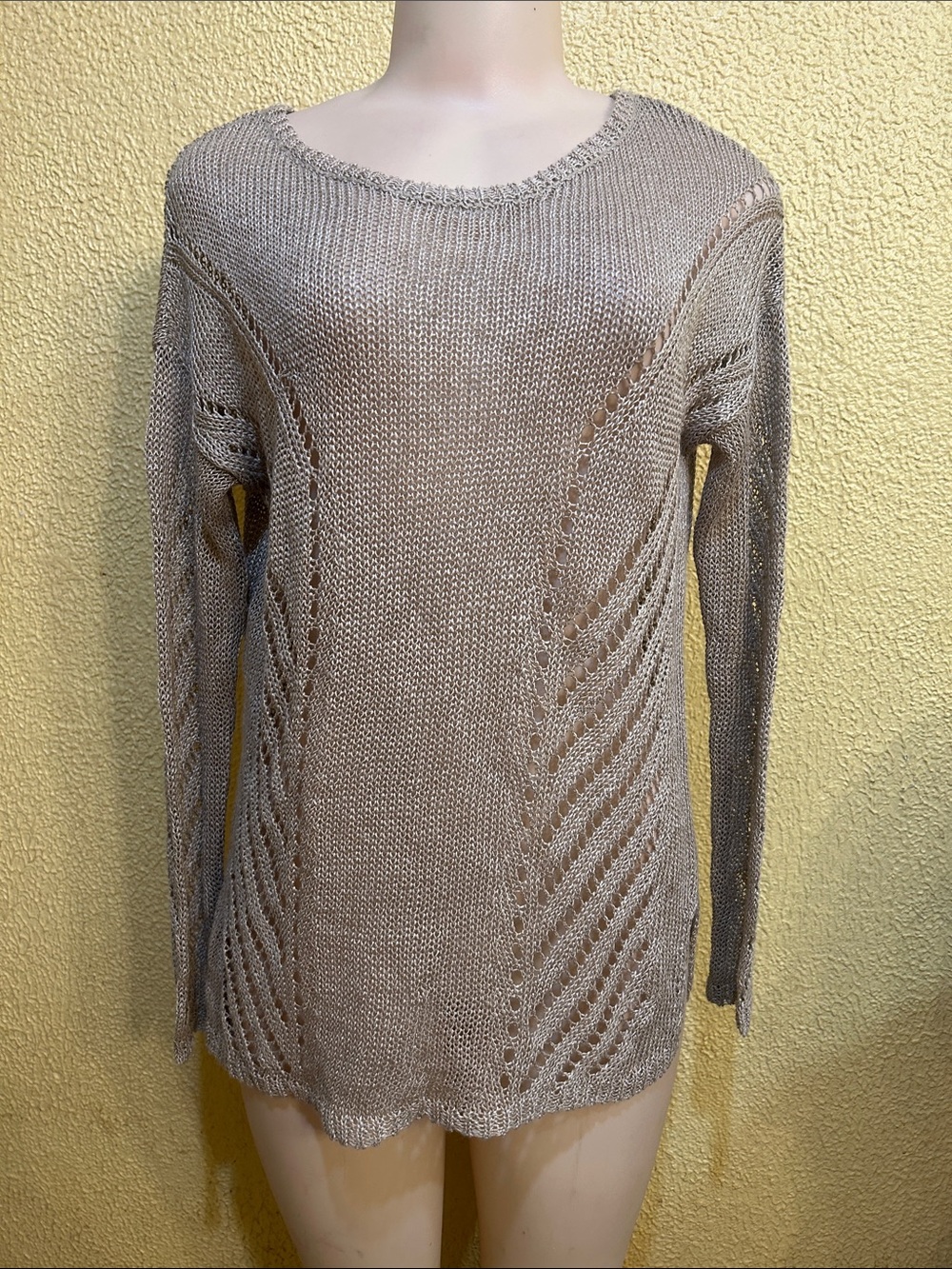 Premise Taupe Open-Stitch Crewneck Sweater